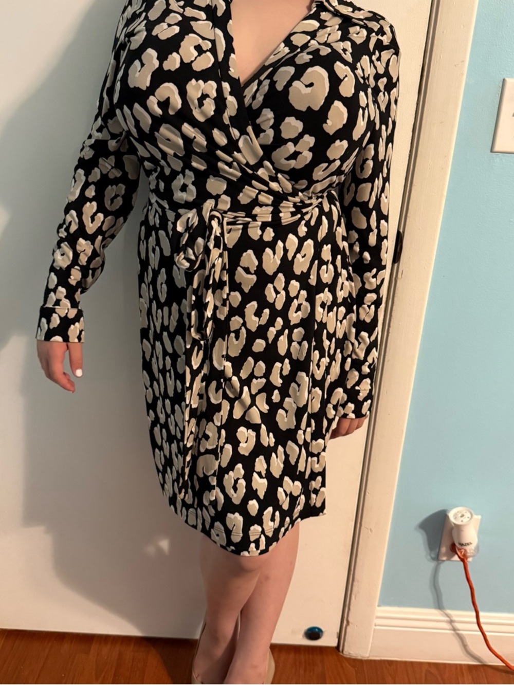 Black and Cream Wrap Dress - Elegant Leopard Print by Calvin Klein size 10